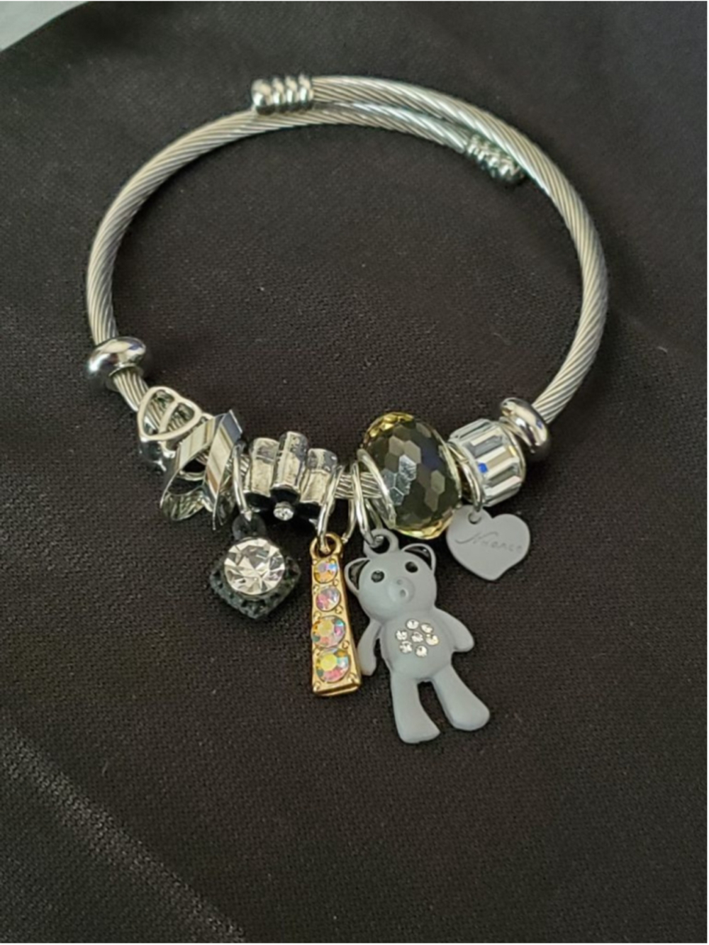 Silver adjustable Charm Bracelet with Gray Bear
